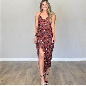 Burgundy leopard print high low wrap dress